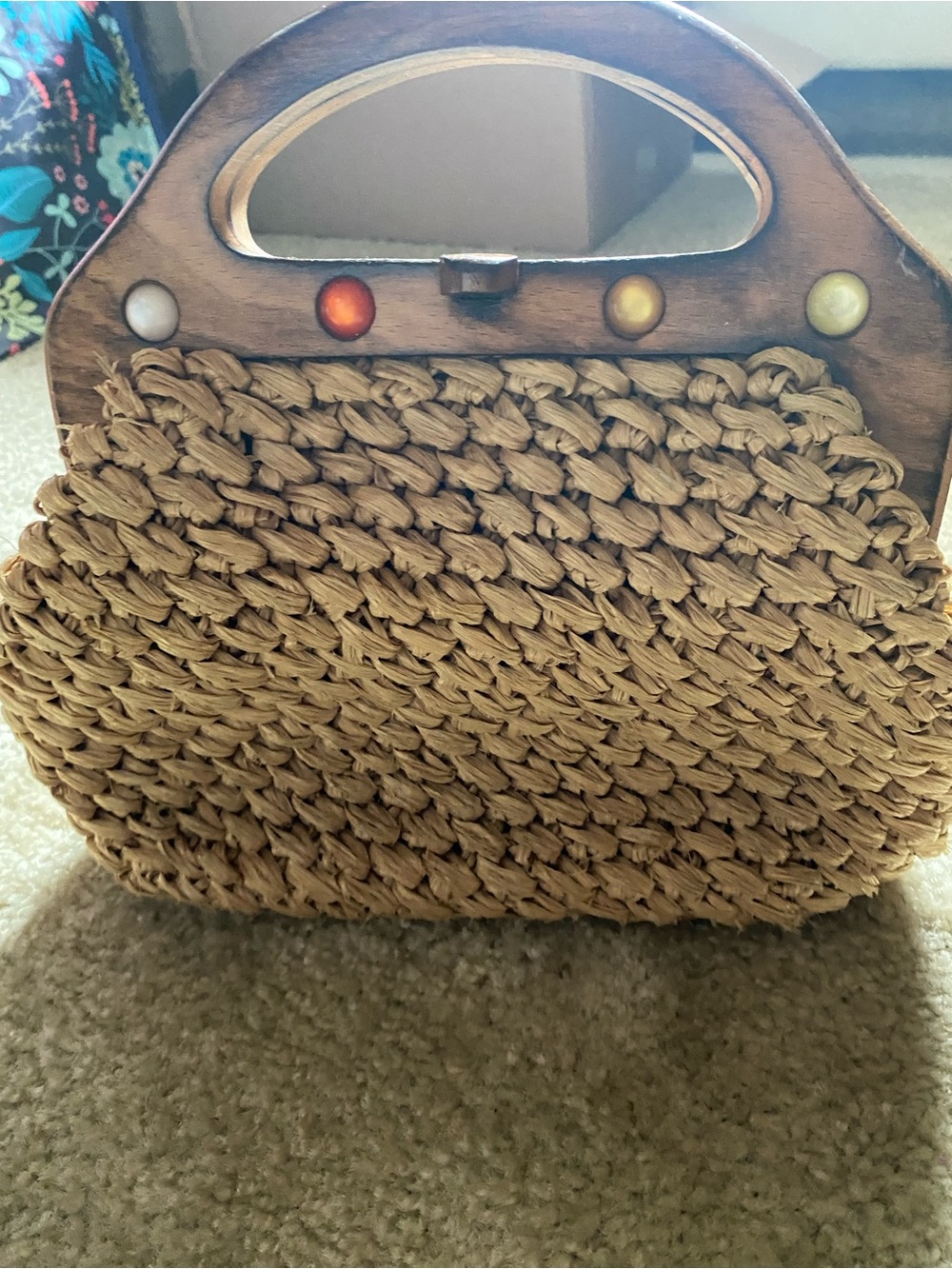Vintage Woven Straw Handbag with Wooden Handles - Natural